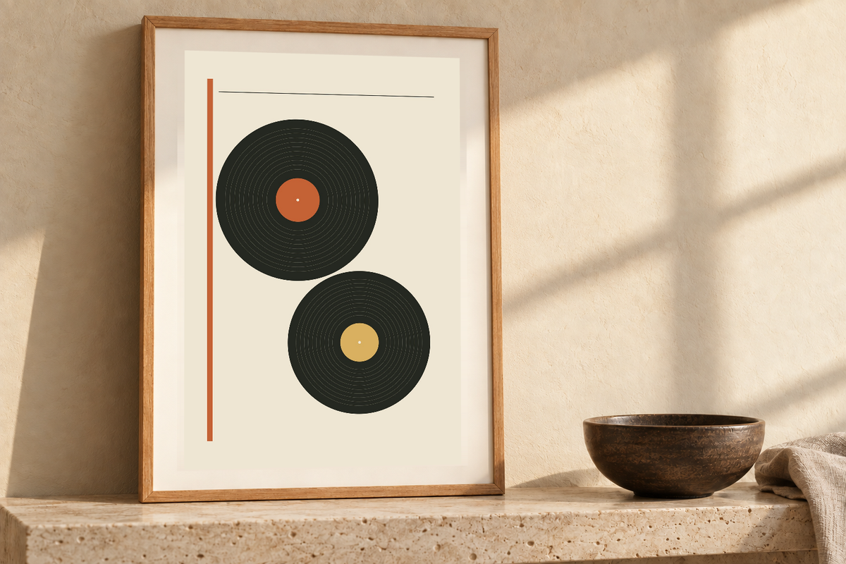 Twin Platters artwork shown in a styled frame setting. Physical art print; frame and accessories not included.