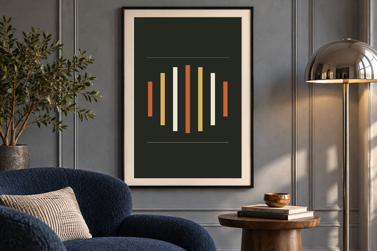 Low Frequency artwork shown in a styled frame setting. Physical art print; frame and accessories not included.