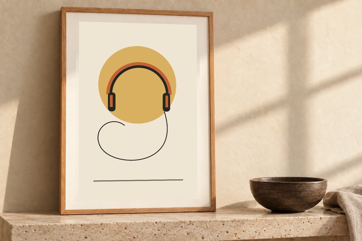 Headphones at Rest artwork shown in a styled frame setting. Physical art print; frame and accessories not included.