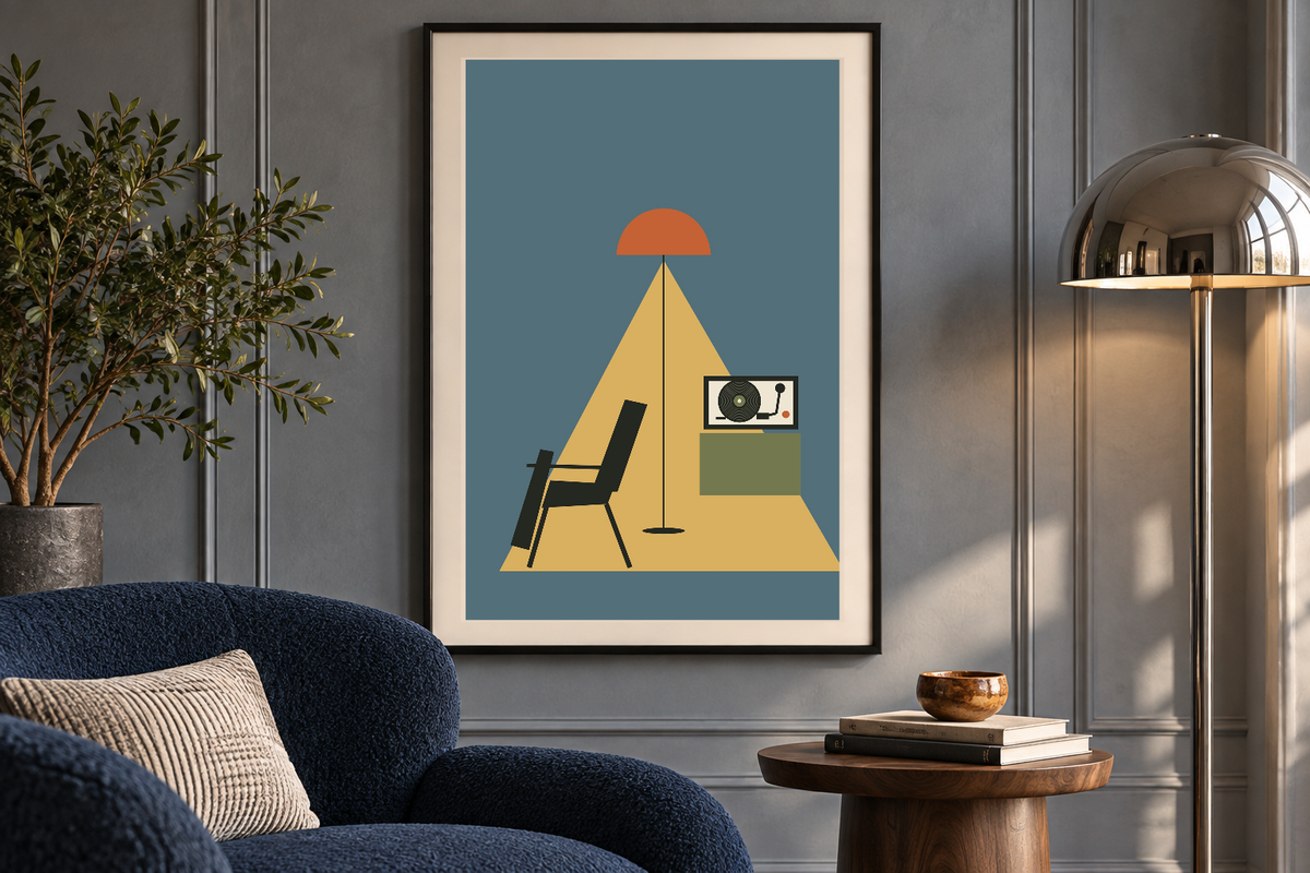 Lamp-Lit Listening artwork shown in a styled frame setting. Physical art print; frame and accessories not included.