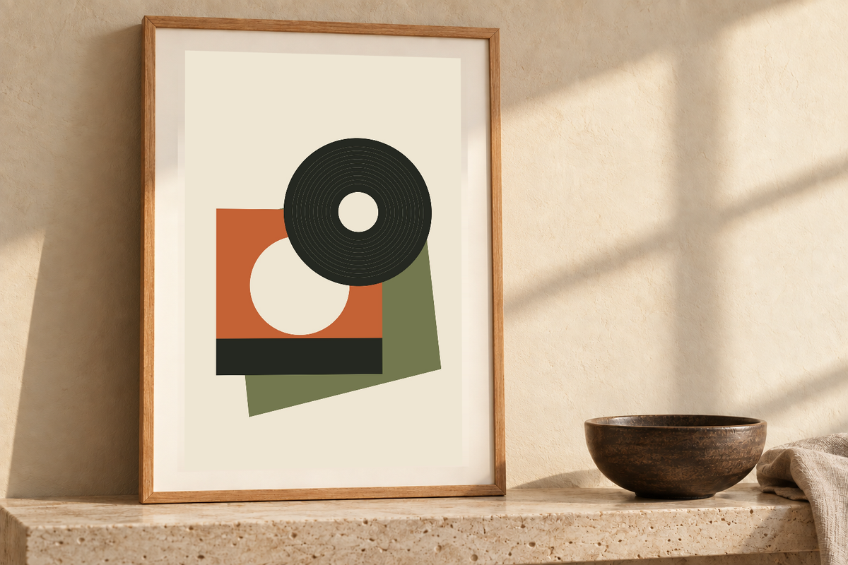 Sleeve and Shadow artwork shown in a styled frame setting. Physical art print; frame and accessories not included.