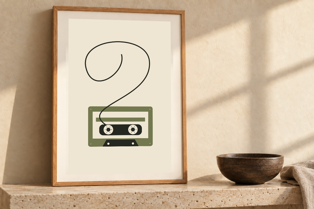 Ribbon Loop artwork shown in a styled frame setting. Physical art print; frame and accessories not included.