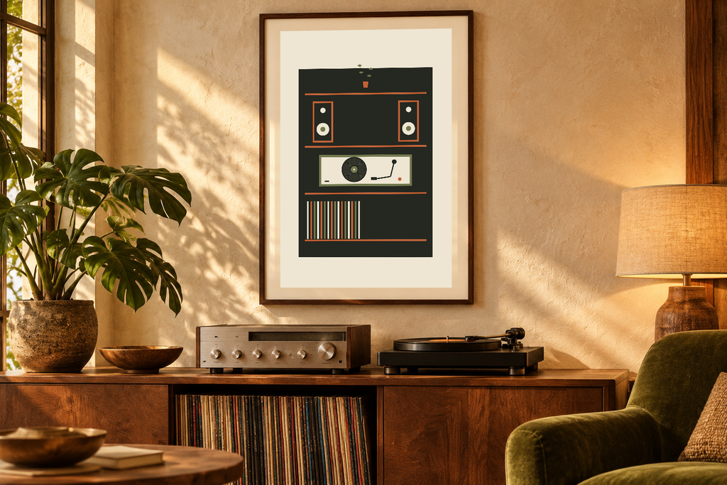 The Quiet Cabinet artwork shown in a styled frame setting. Physical art print; frame and accessories not included.