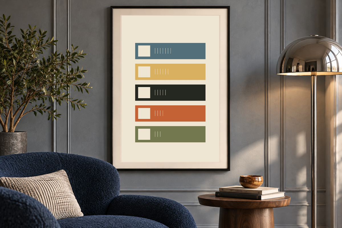 Tape Library artwork shown in a styled frame setting. Physical art print; frame and accessories not included.