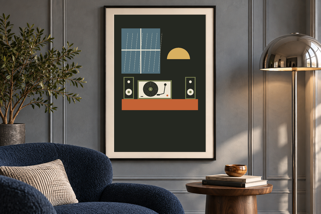 Kissa After Rain artwork shown in a styled frame setting. Physical art print; frame and accessories not included.