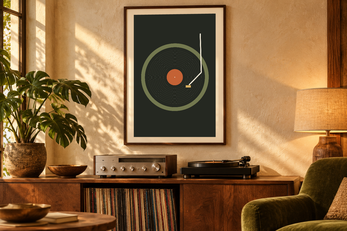 Needle at Dusk artwork shown in a styled frame setting. Physical art print; frame and accessories not included.
