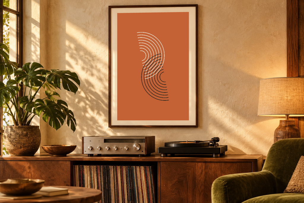 Phase in Orange artwork shown in a styled frame setting. Physical art print; frame and accessories not included.