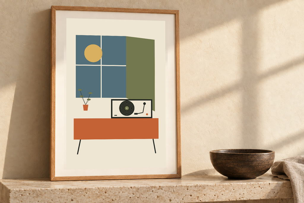 Sunday Open Window artwork shown in a styled frame setting. Physical art print; frame and accessories not included.