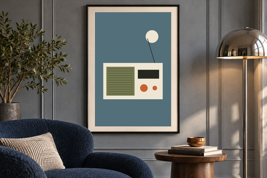 Blue Hour Radio artwork shown in a styled frame setting. Physical art print; frame and accessories not included.