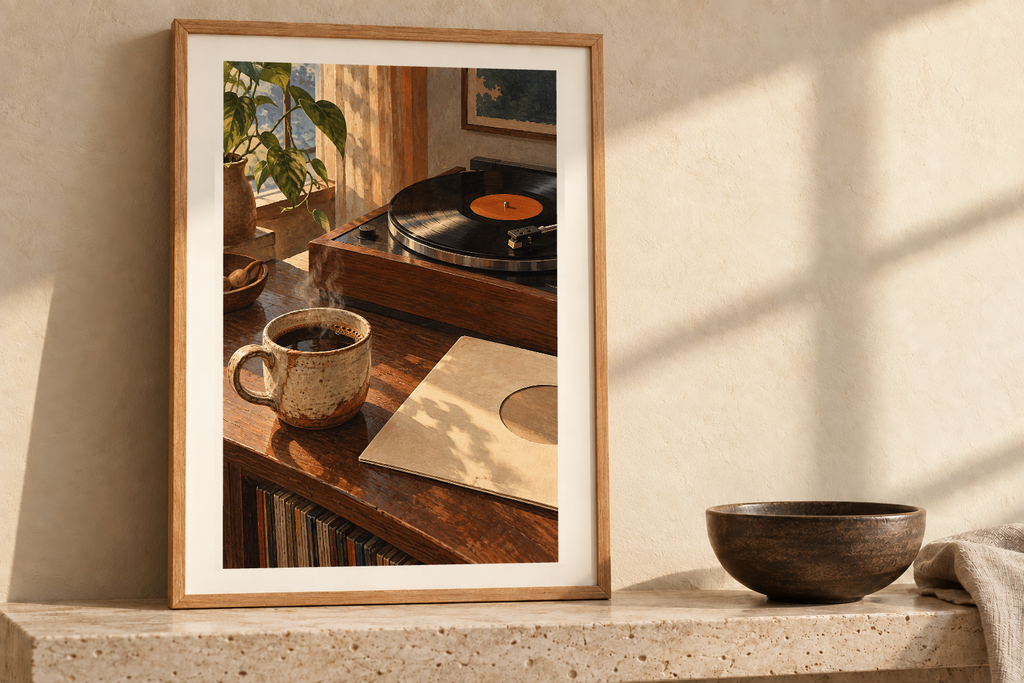 Coffee Before Side Two artwork shown in a styled frame setting. Physical art print; frame and accessories not included.
