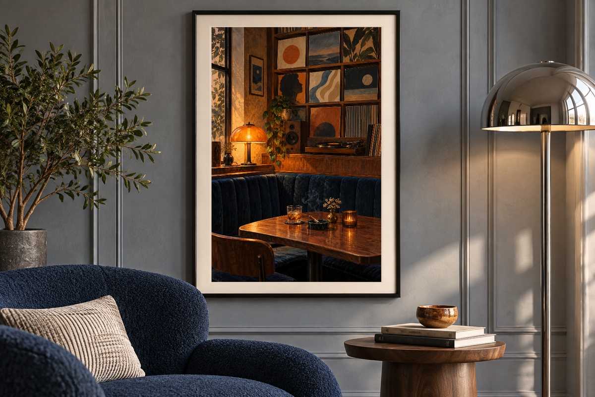 The Blue Booth artwork shown in a styled frame setting. Physical art print; frame and accessories not included.