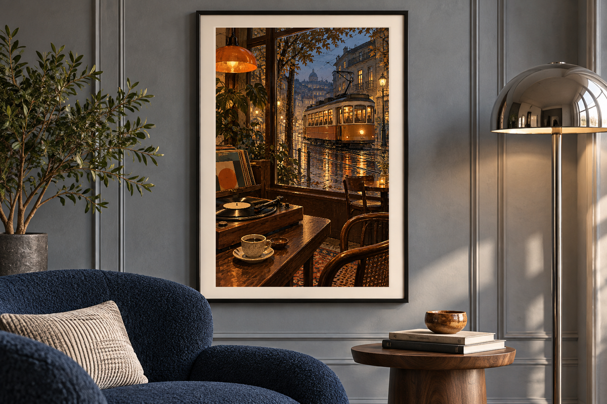 Late Tram Jazz Cafe artwork shown in a styled frame setting. Physical art print; frame and accessories not included.