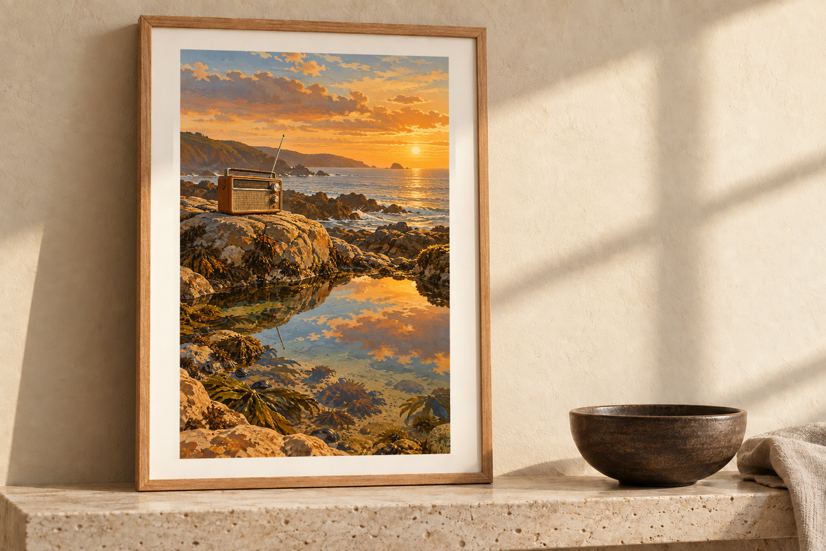 Radio at the Tidal Pool artwork shown in a styled frame setting. Physical art print; frame and accessories not included.