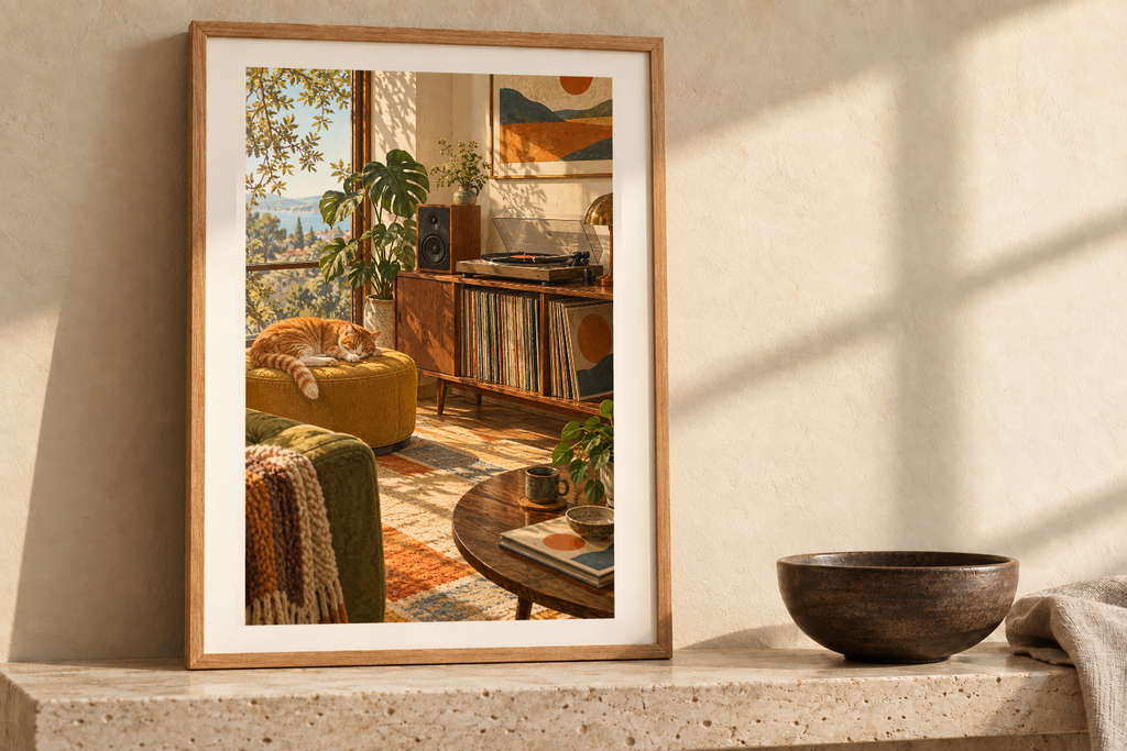 Sunday with the Cat artwork shown in a styled frame setting. Physical art print; frame and accessories not included.