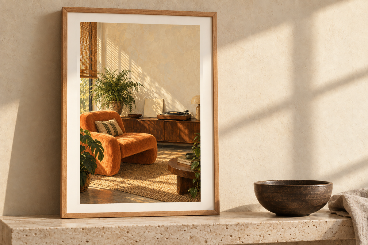 Apricot Listening Nook artwork shown in a styled frame setting. Physical art print; frame and accessories not included.