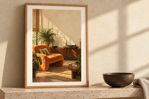 Apricot Listening Nook artwork shown in a styled frame setting. Physical art print; frame and accessories not included.