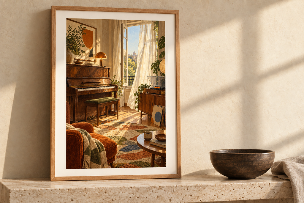 Piano Beside the Window artwork shown in a styled frame setting. Physical art print; frame and accessories not included.