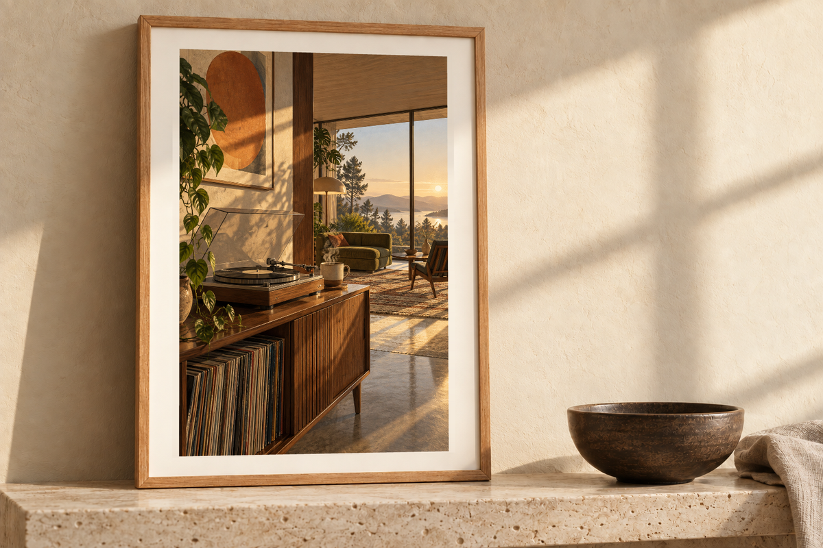 First Light on Walnut artwork shown in a styled frame setting. Physical art print; frame and accessories not included.