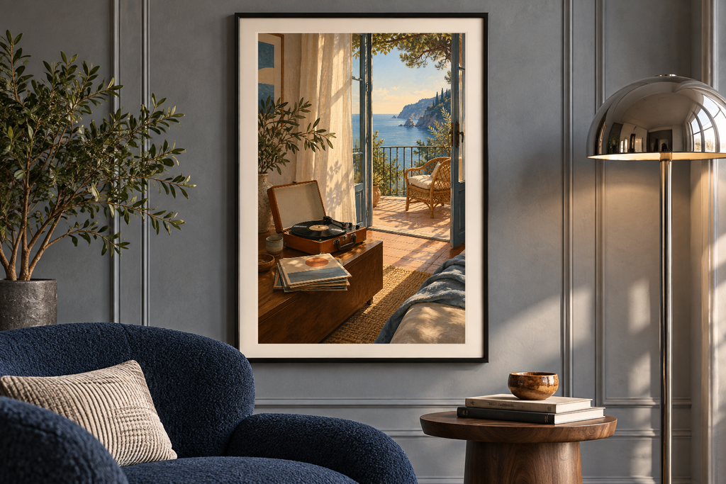Saltwater Balcony artwork shown in a styled frame setting. Physical art print; frame and accessories not included.