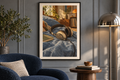 Headphones on Blue Linen artwork shown in a styled frame setting. Physical art print; frame and accessories not included.