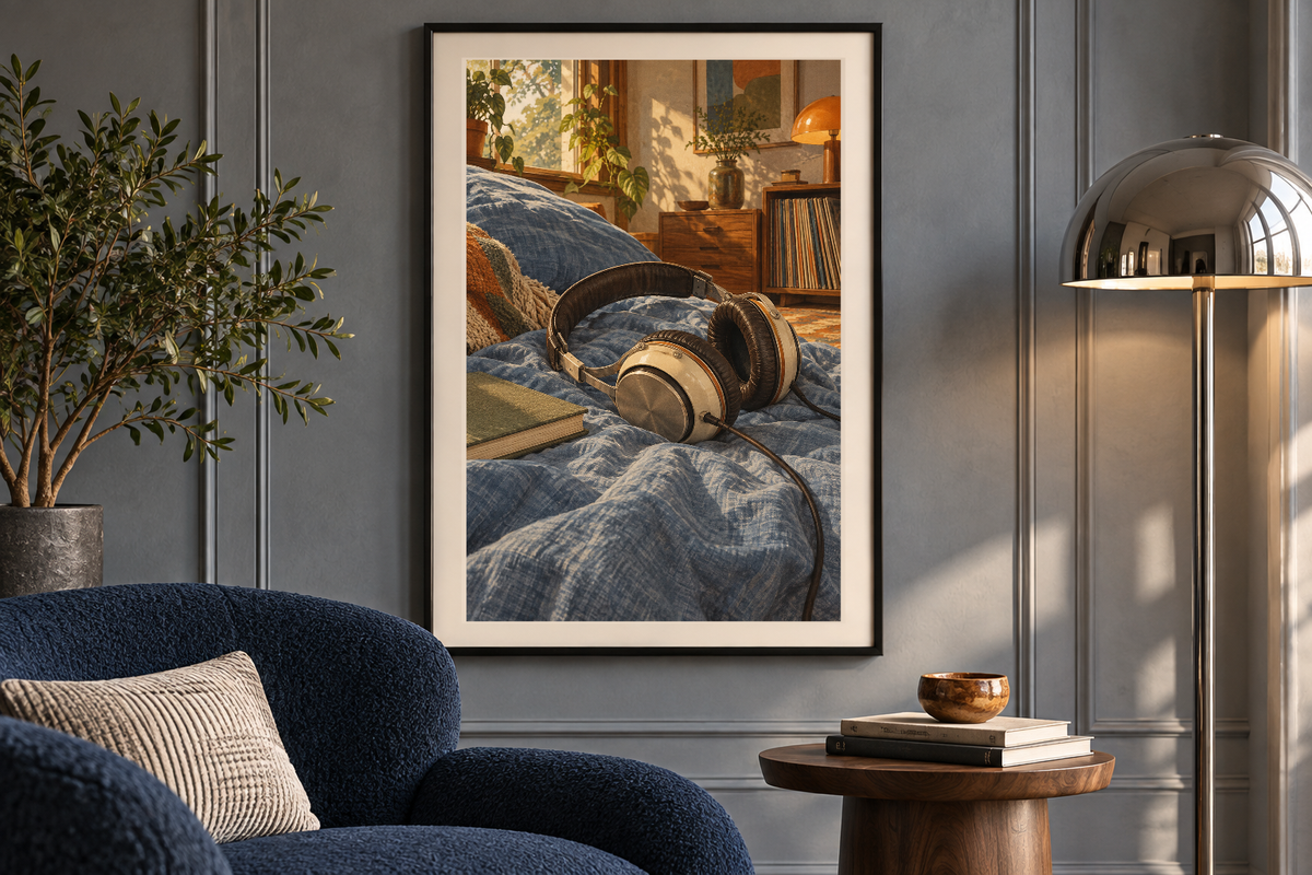 Headphones on Blue Linen artwork shown in a styled frame setting. Physical art print; frame and accessories not included.