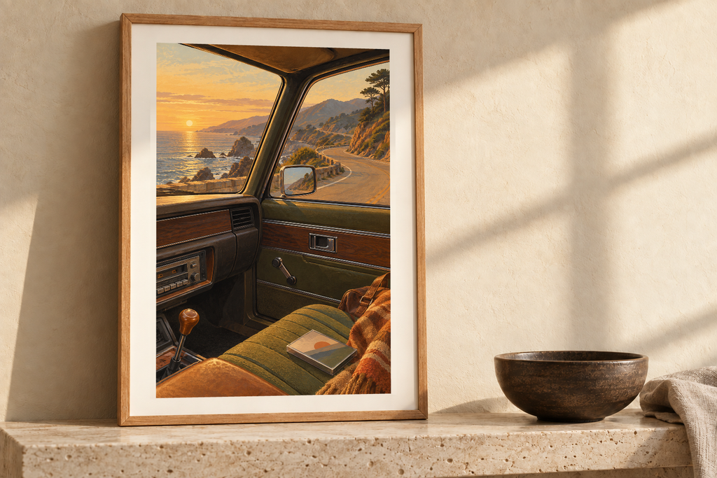 Coastal Road Mixtape artwork shown in a styled frame setting. Physical art print; frame and accessories not included.