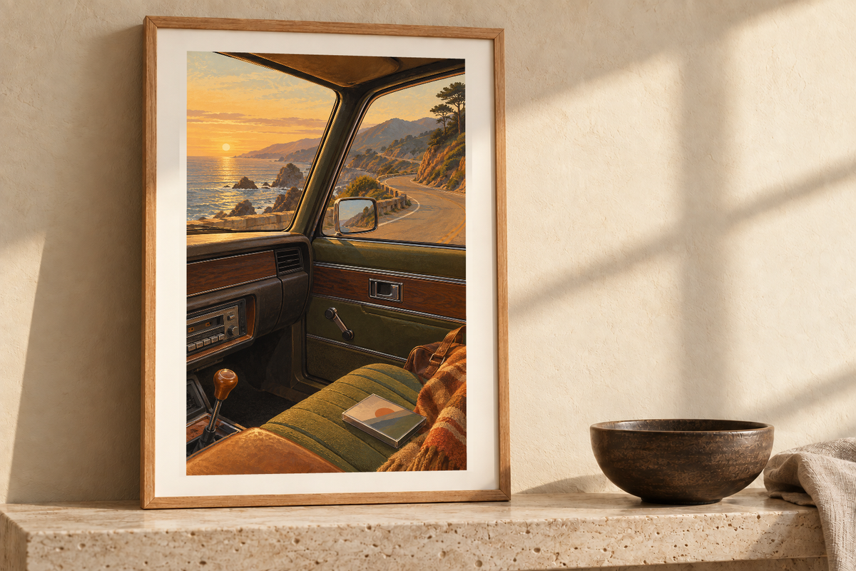 Coastal Road Mixtape artwork shown in a styled frame setting. Physical art print; frame and accessories not included.
