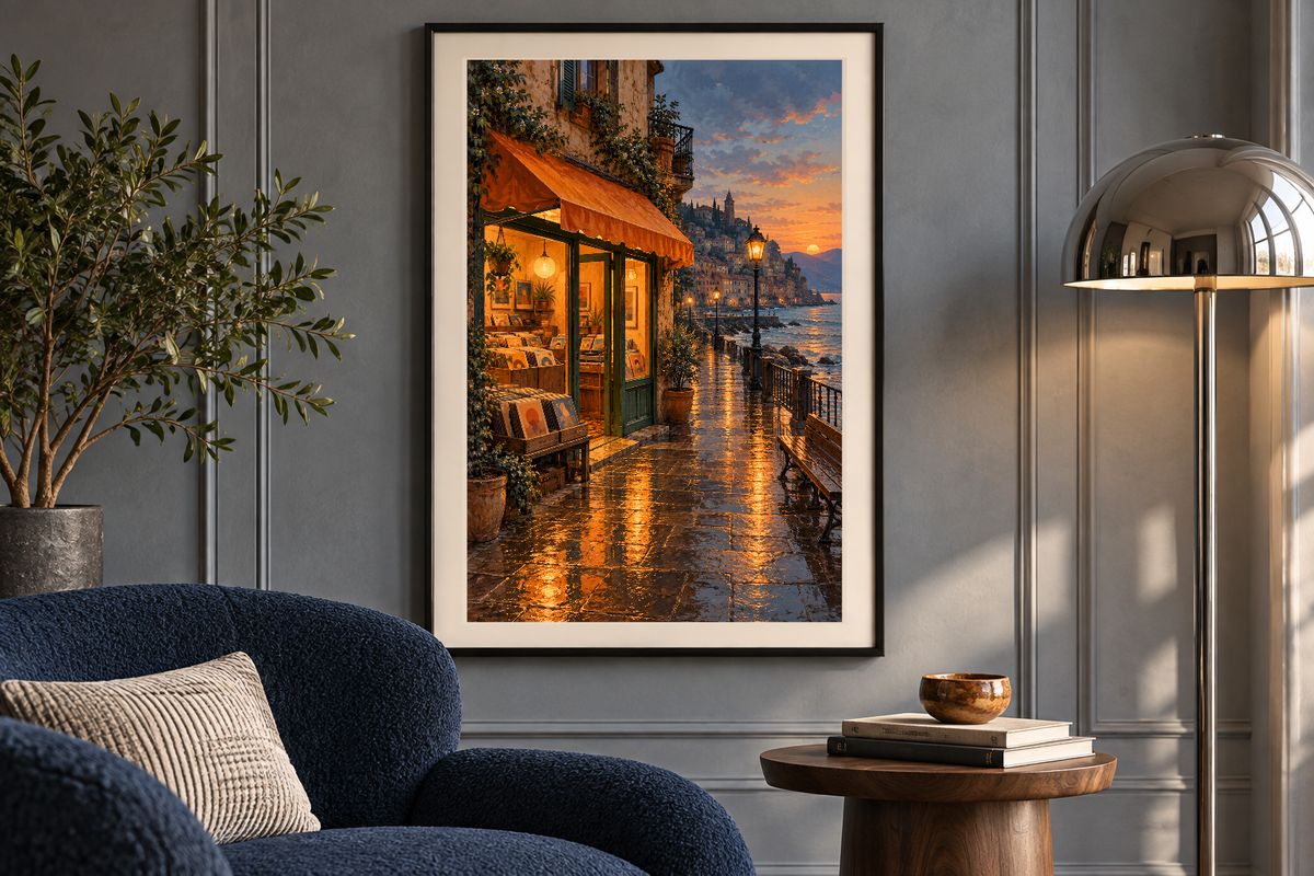Shoreline After Rain artwork shown in a styled frame setting. Physical art print; frame and accessories not included.