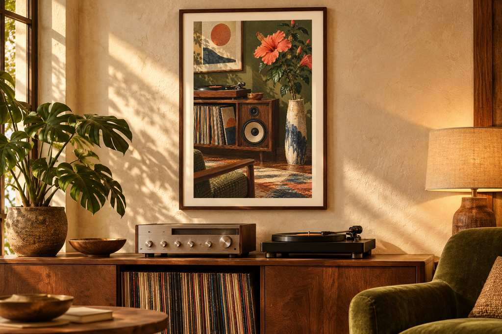 Hibiscus on the Speaker artwork shown in a styled frame setting. Physical art print; frame and accessories not included.