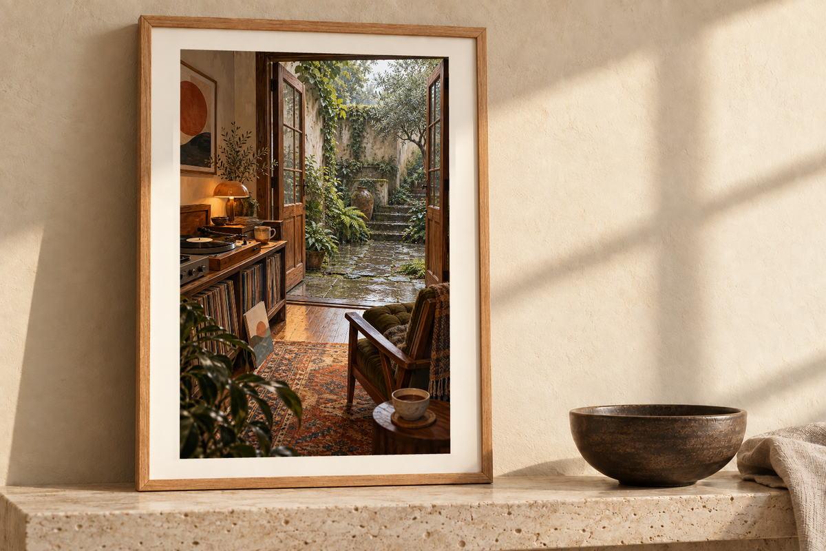 Garden Door Kissa artwork shown in a styled frame setting. Physical art print; frame and accessories not included.