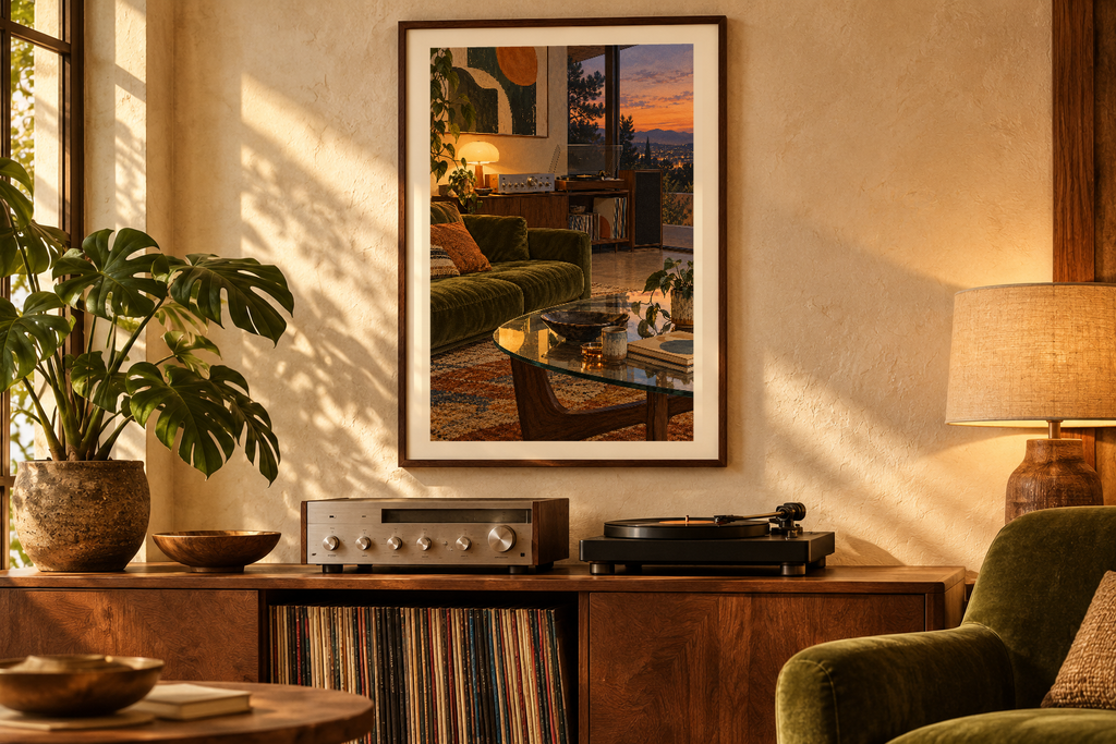 Olive Velvet Evening artwork shown in a styled frame setting. Physical art print; frame and accessories not included.