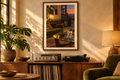 Olive Velvet Evening artwork shown in a styled frame setting. Physical art print; frame and accessories not included.