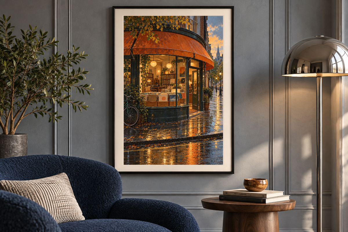 The Corner Record Shop artwork shown in a styled frame setting. Physical art print; frame and accessories not included.