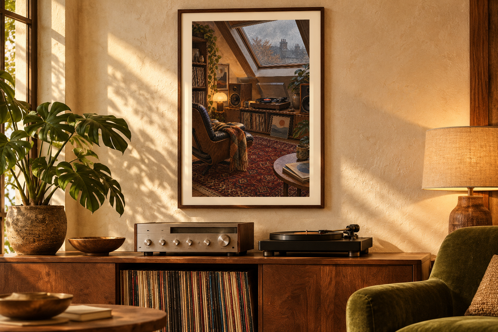 Rain on the Skylight artwork shown in a styled frame setting. Physical art print; frame and accessories not included.
