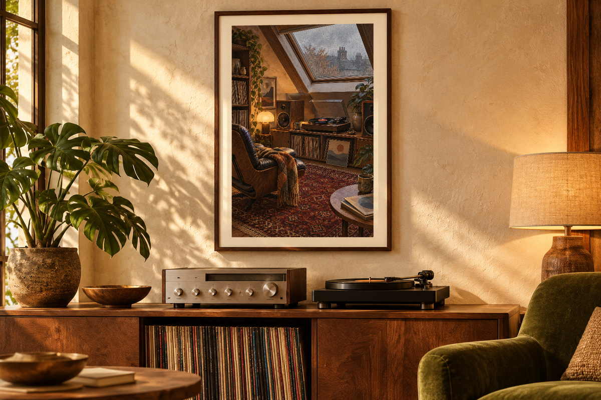 Rain on the Skylight artwork shown in a styled frame setting. Physical art print; frame and accessories not included.