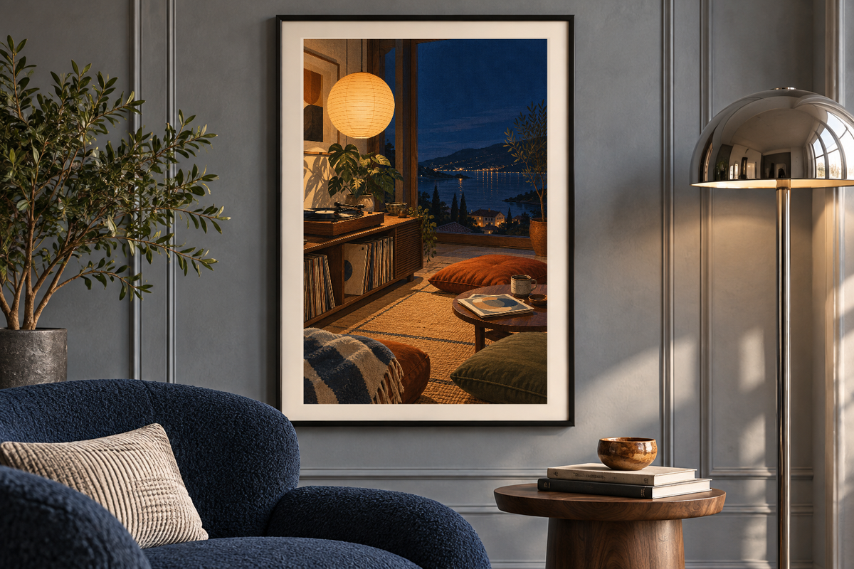 Indigo Listening Hour artwork shown in a styled frame setting. Physical art print; frame and accessories not included.