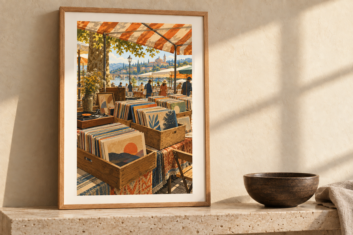 Saturday Crate Market artwork shown in a styled frame setting. Physical art print; frame and accessories not included.