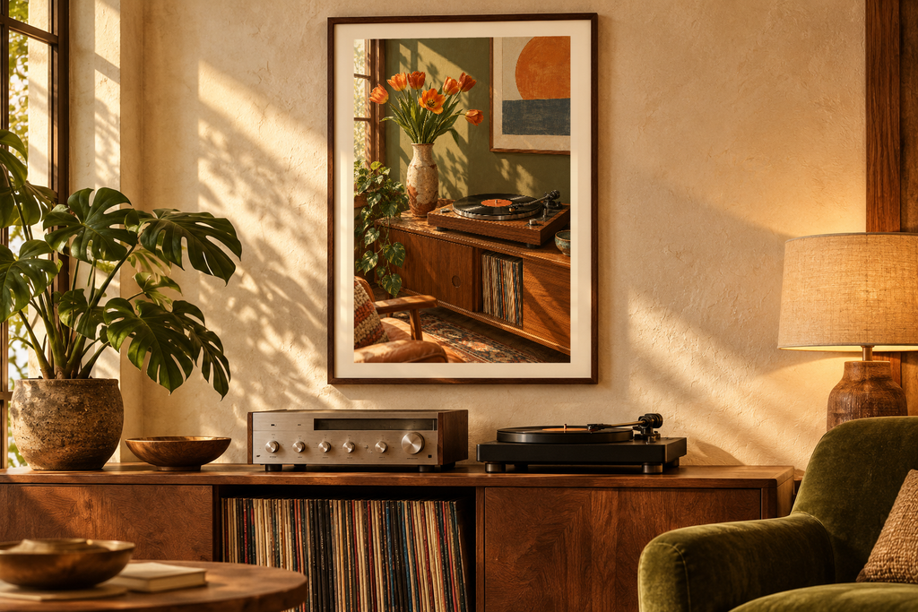 Turntable and Tulips artwork shown in a styled frame setting. Physical art print; frame and accessories not included.