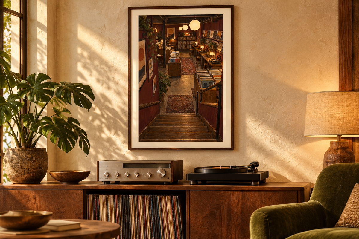 The Basement Collection artwork shown in a styled frame setting. Physical art print; frame and accessories not included.