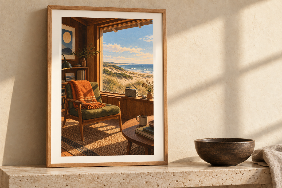 The Dune Cabin artwork shown in a styled frame setting. Physical art print; frame and accessories not included.