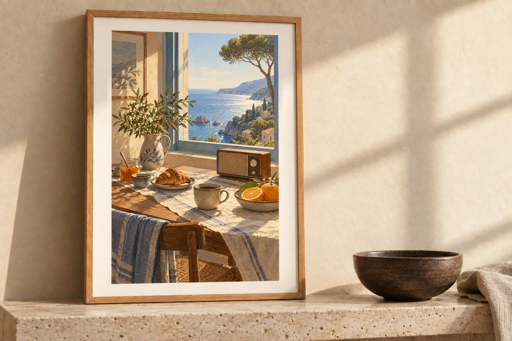 Blue Bay Breakfast artwork shown in a styled frame setting. Physical art print; frame and accessories not included.