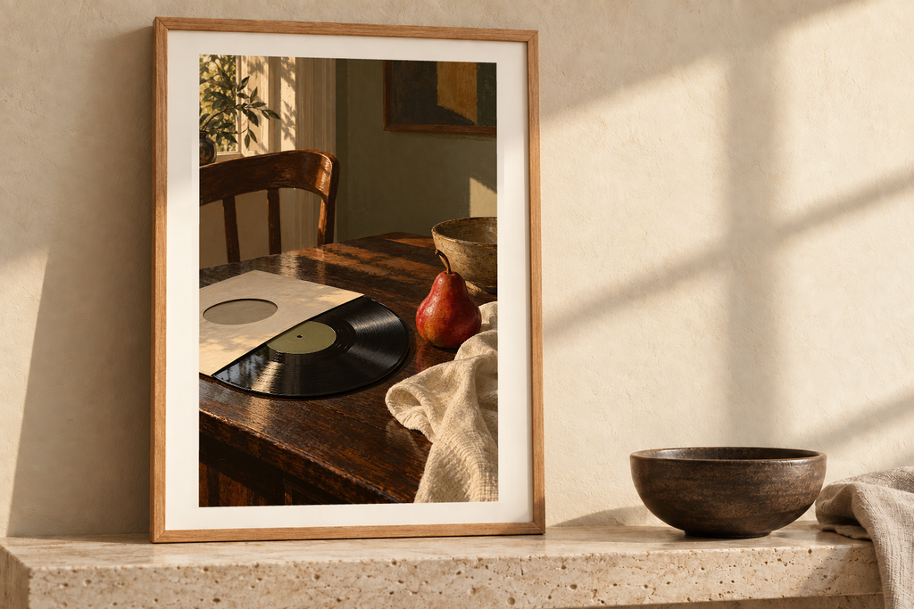 Record and Red Pear artwork shown in a styled frame setting. Physical art print; frame and accessories not included.
