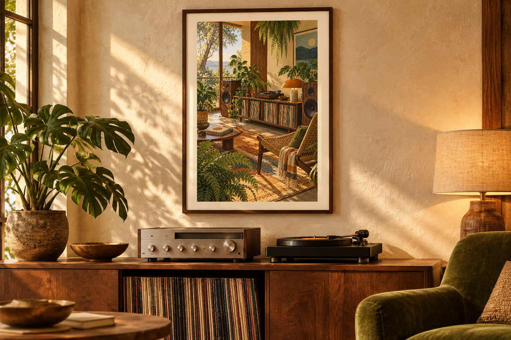 Fern Room Sessions artwork shown in a styled frame setting. Physical art print; frame and accessories not included.