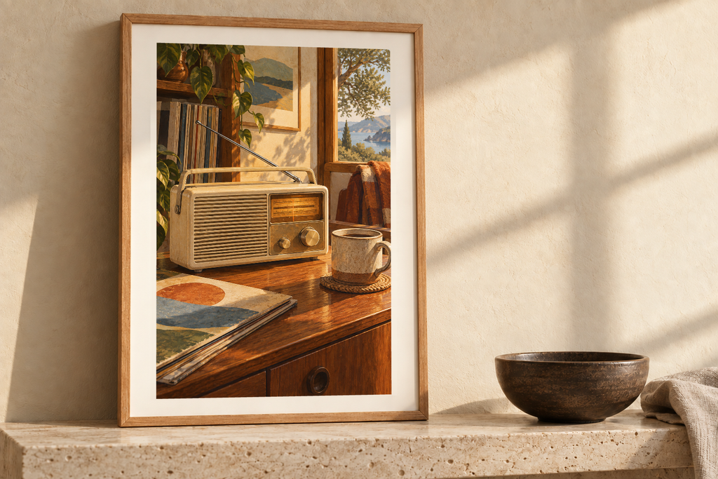 Amber Dial Radio artwork shown in a styled frame setting. Physical art print; frame and accessories not included.