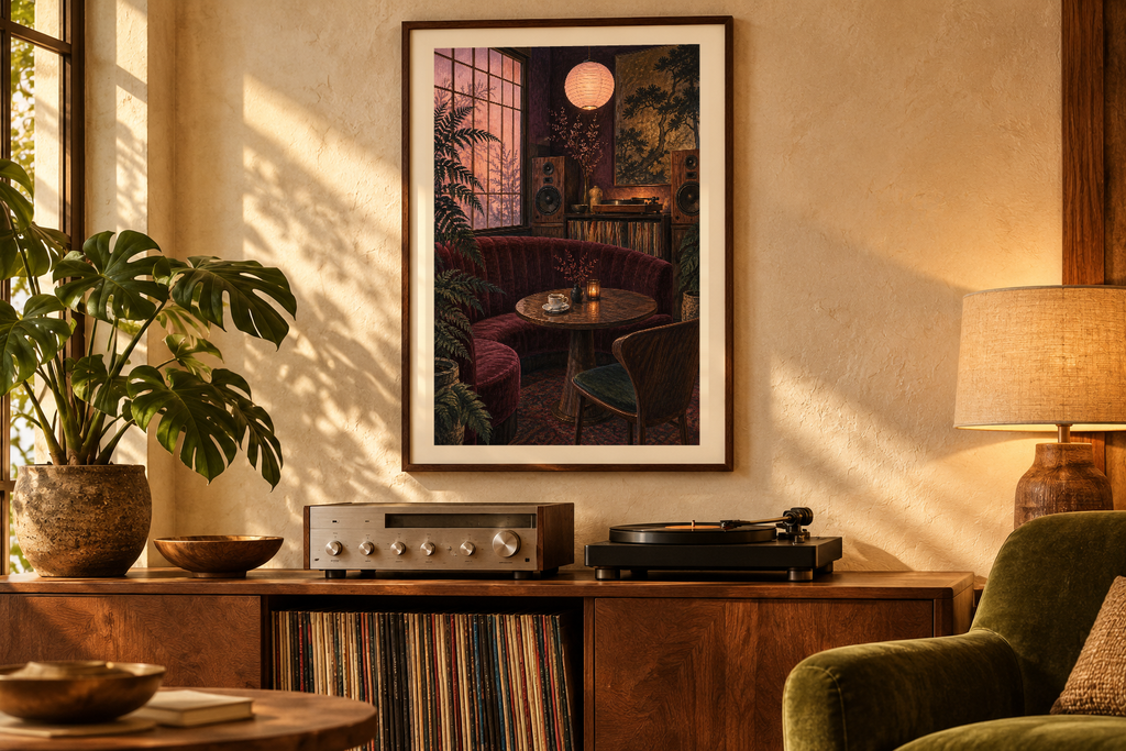 Velvet Booth artwork shown in a styled frame setting. Physical art print; frame and accessories not included.
