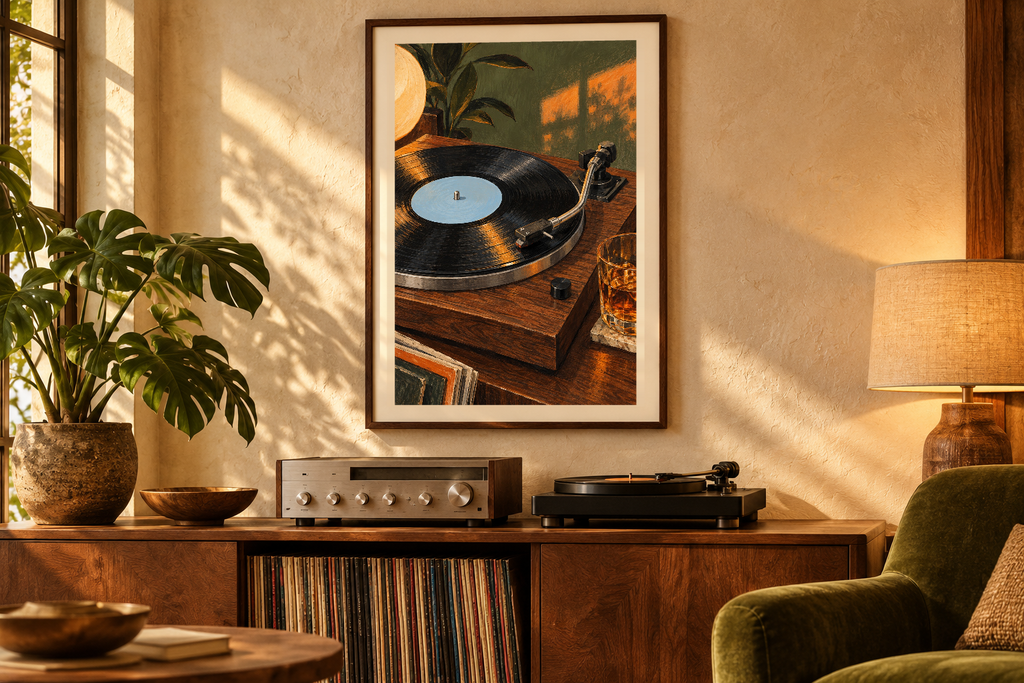 Three Speed Evening artwork shown in a styled frame setting. Physical art print; frame and accessories not included.