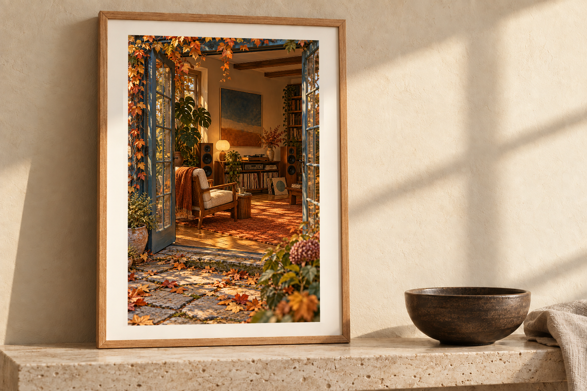 The Last Warm Sunday artwork shown in a styled frame setting. Physical art print; frame and accessories not included.