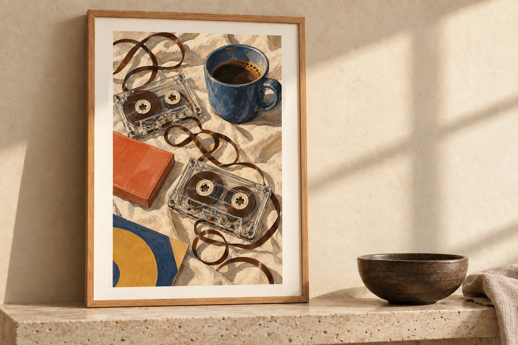 Rewind in Terracotta artwork shown in a styled frame setting. Physical art print; frame and accessories not included.