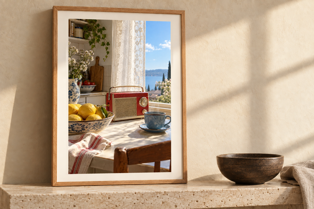Sunday Kitchen artwork shown in a styled frame setting. Physical art print; frame and accessories not included.