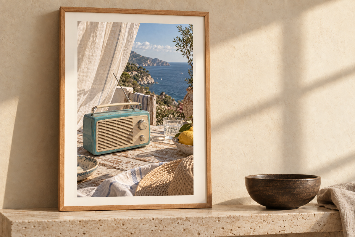 Coastal FM artwork shown in a styled frame setting. Physical art print; frame and accessories not included.